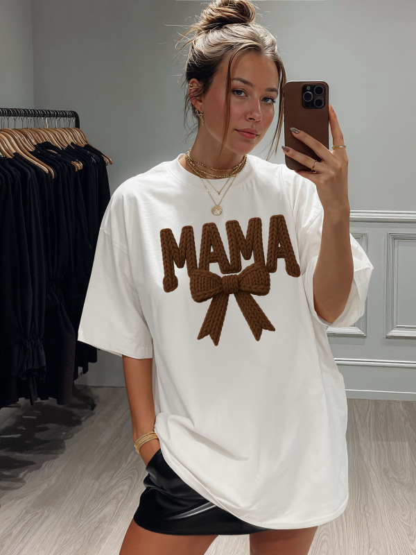 Dámske biele tričko MAMA VÝŠIVKA (PRINT) ČOKOLÁDOVÁ