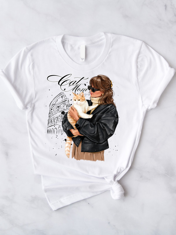 Dámske biele tričko Cat mom Roma